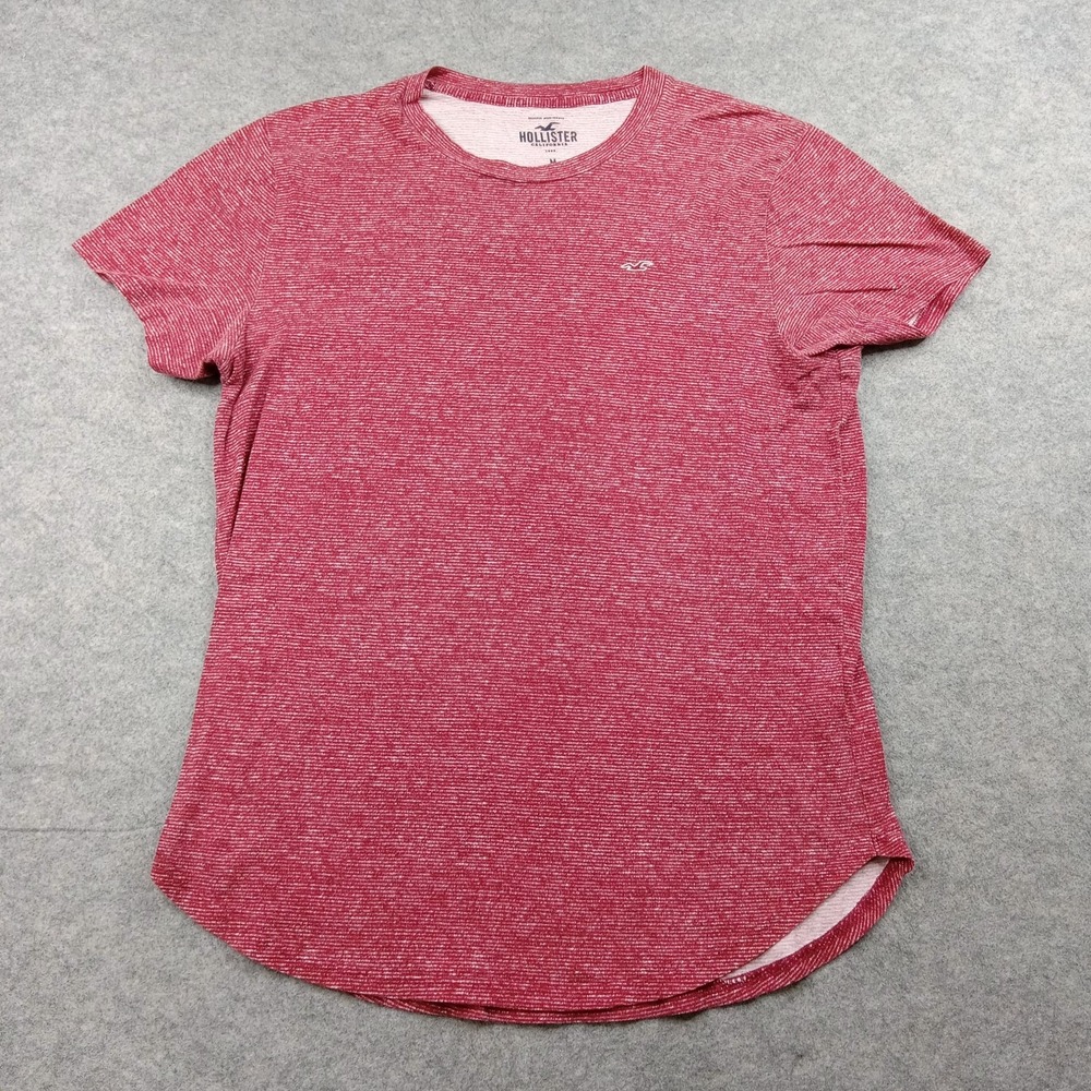 Hollister Shirt Mens Medium Red Stripe Logo Curved Hem Crewneck‎ Tagless Tee